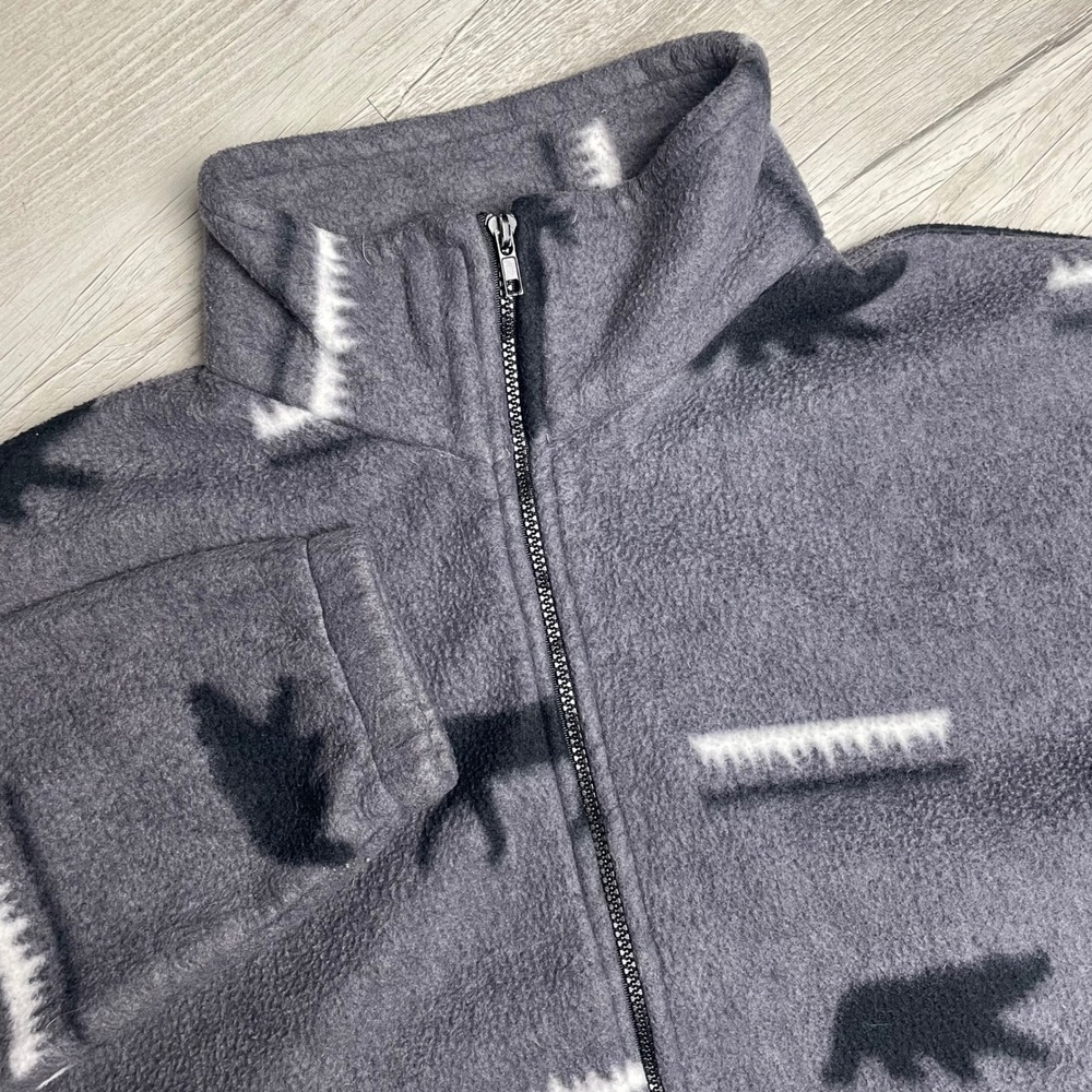 Vintage‎ Wildlife Fleece Jacket Grey Bear Moose Print Full Zip Mens L USA Made